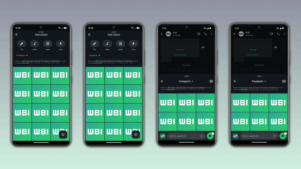 Durch das neue Feature lassen sich Inhalte aus Instagram oder Facebook direkt innerhalb des Messengers auswählen und anschließend verschicken, © WABetaInfo
