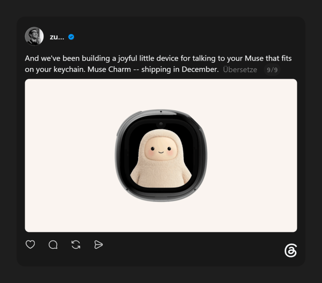 Muse Charm von Meta mit Display und Muse AI Agent; das tragbare Gerät ist für die direkte Nutzung unterwegs konzipiert.