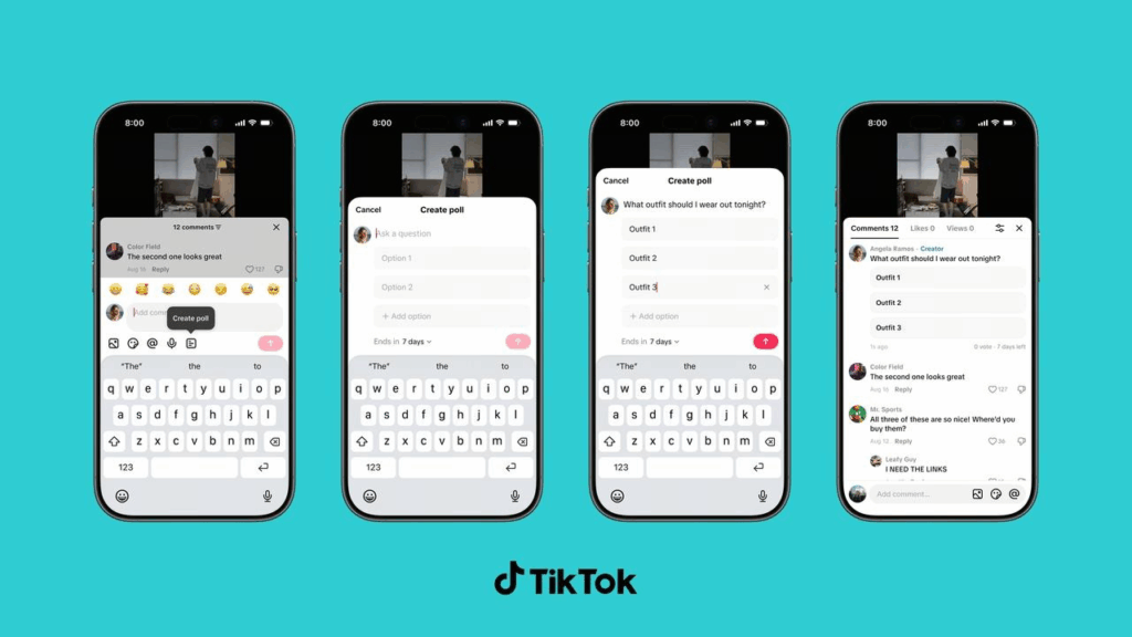 Mit Comment Polls können Creator unter ihren eigenen Videos eine Umfrage mit bis zu fünf Antwortmöglichkeiten erstellen, © TikTok