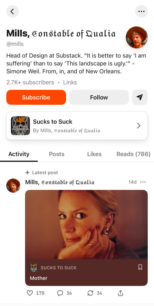 Substack-Profil mit den Buttons „Subscribe“ und „Follow“ sowie einem Newsletter-Beitrag.
