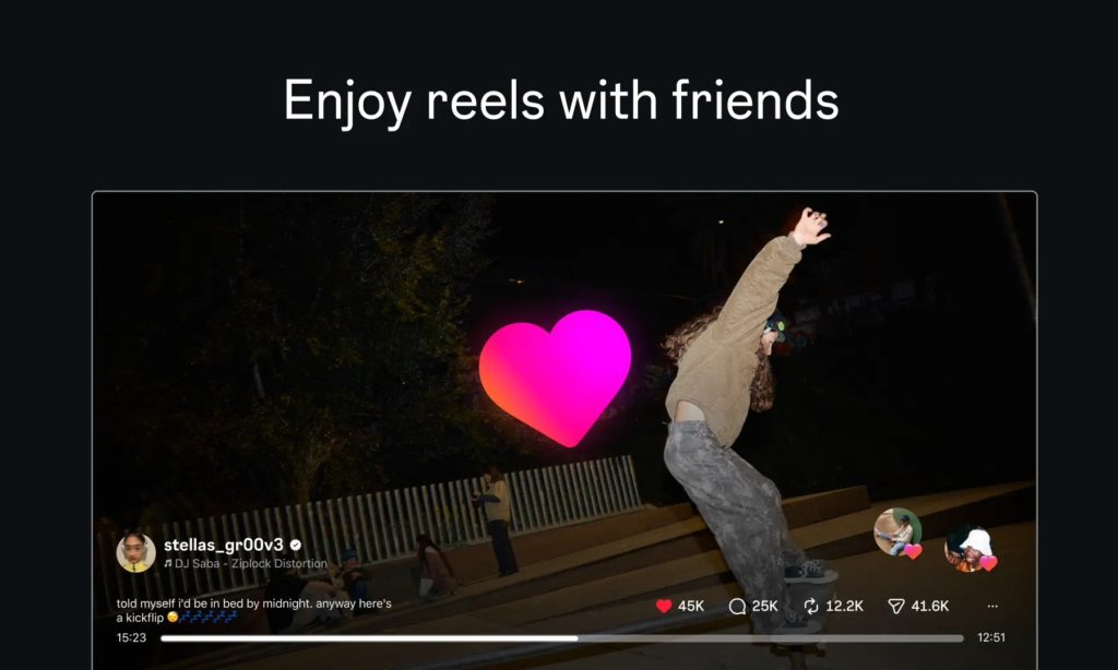 Vorschau der Instagram TV App mit einem Reel, einem großen Herzsymbol und eingeblendeten Profilbildern für gemeinsame Interaktionen.
