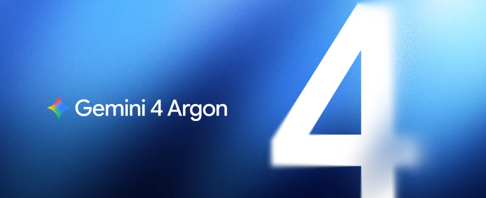 blauer Hintergrund, Gemini 4 Argon-Schriftzug, Gemini-Logo, große weiße 4