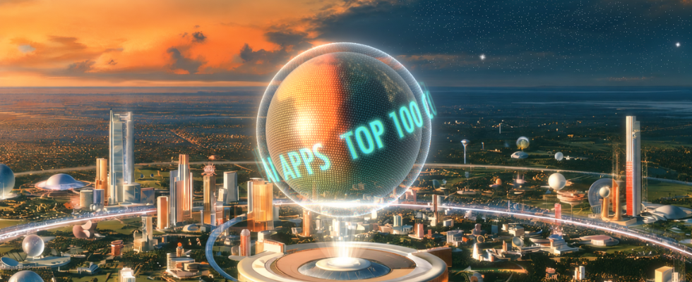 Futuristische Stadt mit leuchtender „Apps Top 100“-Kugel als Symbolbild für die Consumer AI Top 100 2026.