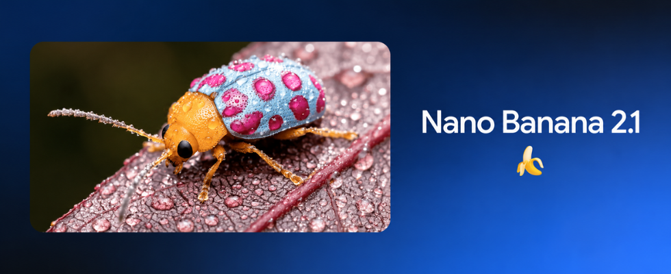 Nano Banana 2.1 mit farbigem Käfer auf einem Blatt als Beispiel für Googles AI-Bildgenerierung.