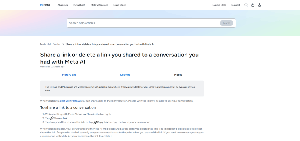 Screenshot einer Meta-Hilfeseite zum Teilen von KI-Konversationen mit Informationen zur Sichtbarkeit und Gültigkeit der Freigabe-Links.