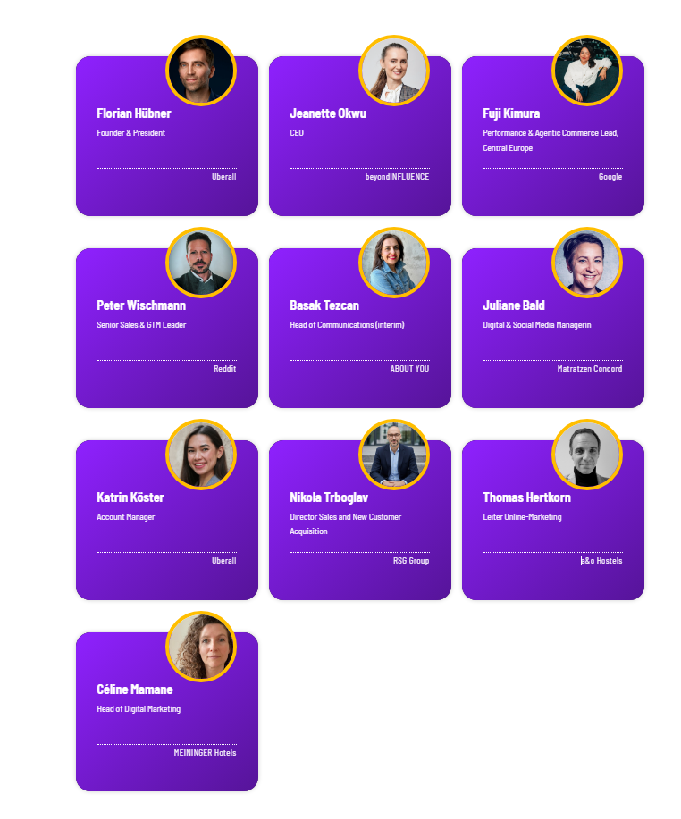 Diese Fachexpert:innen liefern dir beim Event brandaktuelle Insights und Tipps, © Digital Bash, Personen mit Namen in einer Übersicht mit Portraitfotos