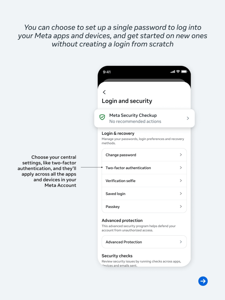 Screenshot von Meta Account:  in der neuen Übersicht lassen Passwörter, Wiederherstellungsoptionen, Passkeys und die Zwei-Faktor-Authentifizierung verwalten, © Meta via Threads
