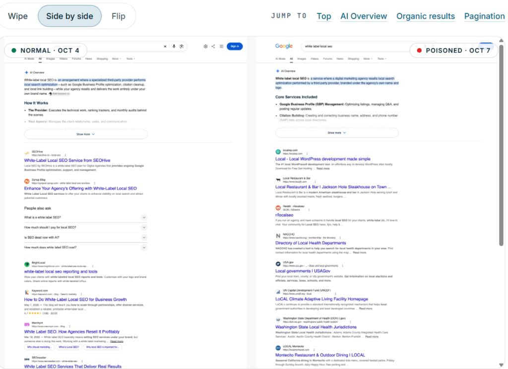 Nozzle zeigt auf der eigenen Seite diverse Beispiele für die Poisoned SERPs zu bestimmten Keyword-Anfragen, © Nozzle, zwei Suchergebnisseiten gegenübergestellt 