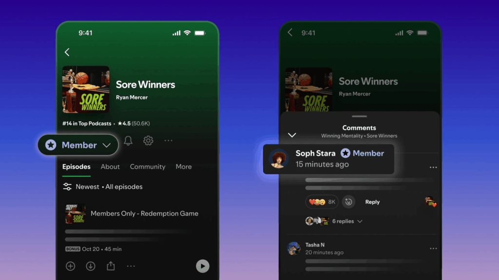 So sehen die Member Badges für Spotify Memberships aus, © Spotify , 2 Smartphone Mockups mit Spotify Shows und Member Badges