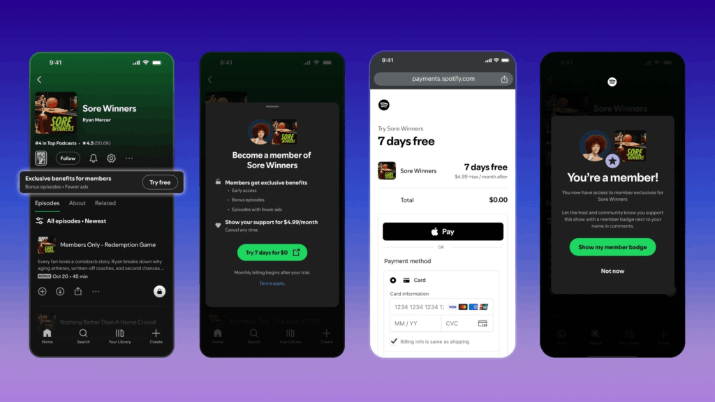 So kann der Prozess zum Abschluss einer Mitgliedschaft auf Spotify aussehen, © Spotify, 4 Smartphone Mockups mit Spotify Membership Interface