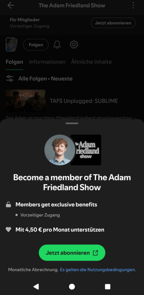 So sieht das Abozugang bei einem Spotify Podcast mit Memberships aus, eigener Screenshot aus der Spotify App