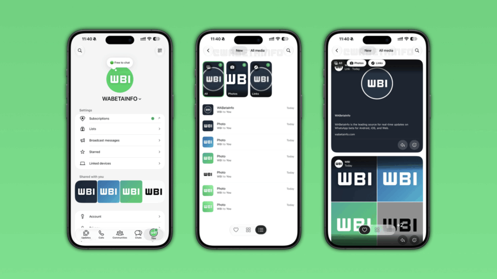 Screenshot des neuen Media Hub. Im neuen Media Hub für iOS lassen sich zukünftig Fotos, Videos oder Links suchen, sortieren und weiterleiten, © WABetaInfo