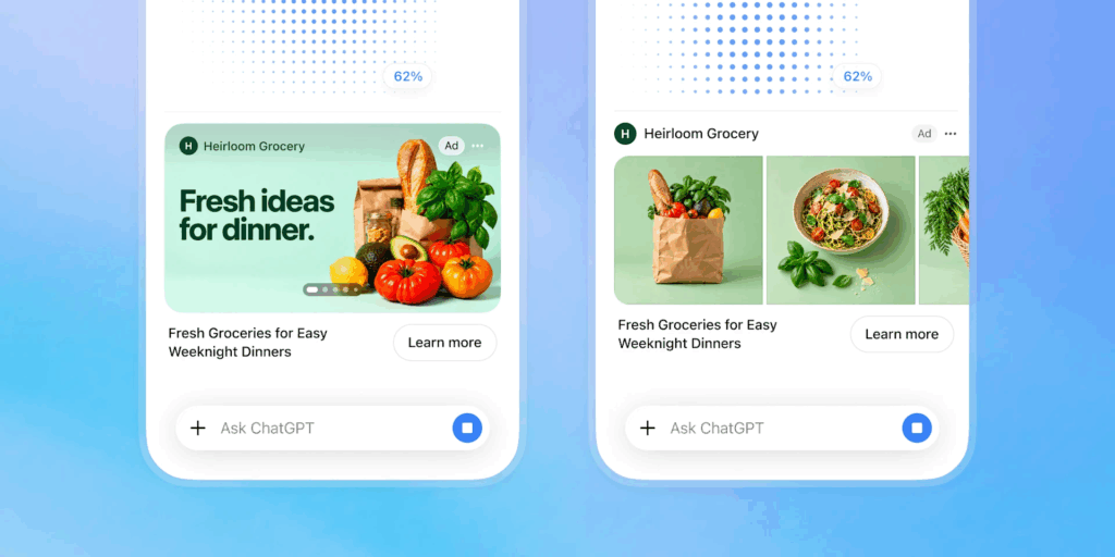 So sieht das neue visuelle Werbeformat von OpenAI aus, © OpenAI, Smartphone Mockups mit Ads vor blauem Hintergrund