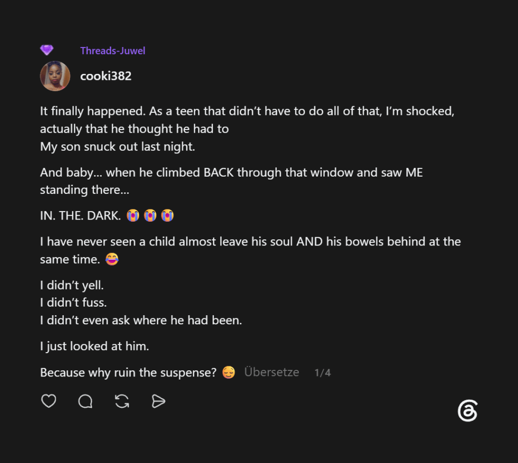 Screenshot eines ausgezeichneten Threads Posts von cooki382. Ein lila Diamant mit der Kennzeichnung „Threads-Juwel“ erscheint über dem Profilnamen.
