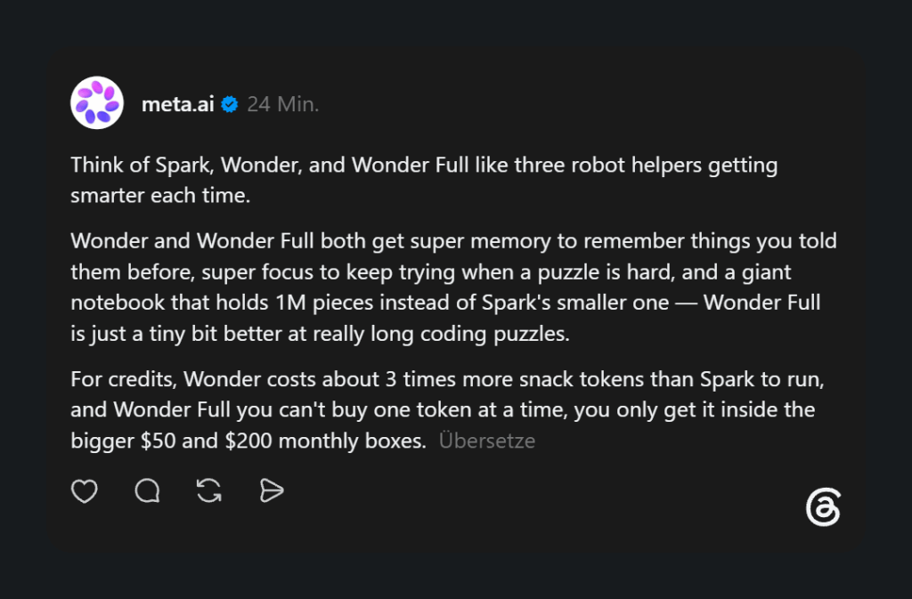 Threads Post von Meta AI zu Gedächtnisfunktionen, Fokus, Kontextfenster und Kosten der KI-Modelle Muse Spark, Wonder und Wonder Full.