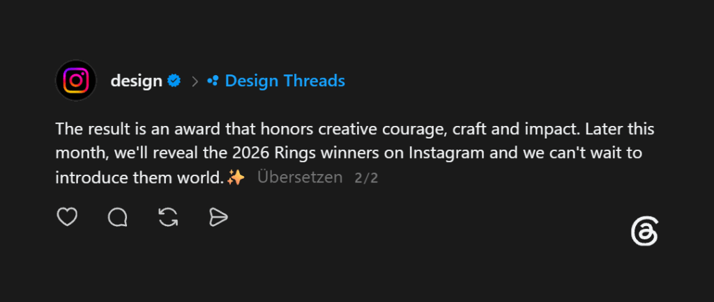 Threads Post des verifizierten Instagram Design Accounts, der kreativen Mut, handwerkliches Können und Einfluss als zentrale Kriterien der Rings Awards 2026 hervorhebt.